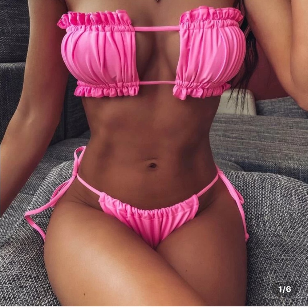 Pink Ruched bandeau with tie side bikini set BNWT